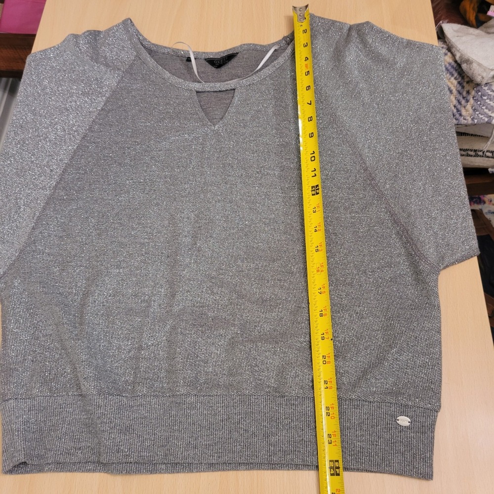 Guess Los Angeles Silver Metallic Cutout V-Neck Dolman Sleeve Knit Top L Y2K - Picture 7 of 10